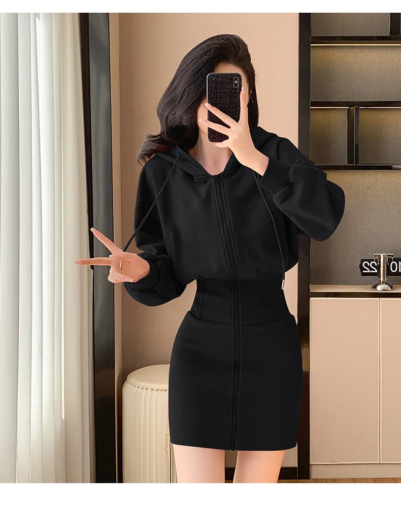 Korean Fashion Hoodie Dress Women Autumn Winter Long Sleeve Cat Ear Mini Dress Bodycon Dress Vestidos - Seprincess