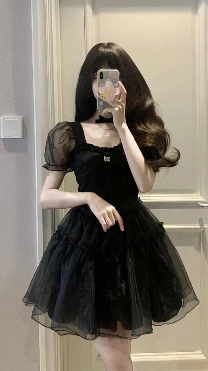 Black Mini Dress Women Bodycone High Waisted Puff Sleeve Sexy Summer Kawaii Girlish Lolita Vintage A-line Vestidos Temper French - Seprincess