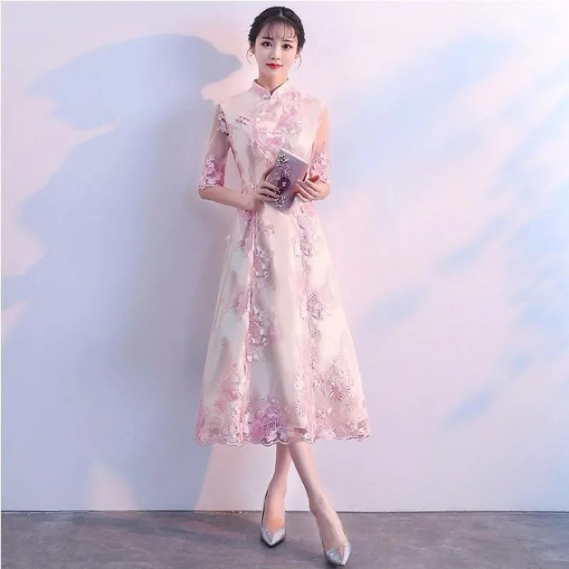 Champagne Sweet Elegant Bridesmaid Dress Women Temperament Formal Party Gown Exquisite Floral Embroidery Novelty Cheongsam - Seprincess