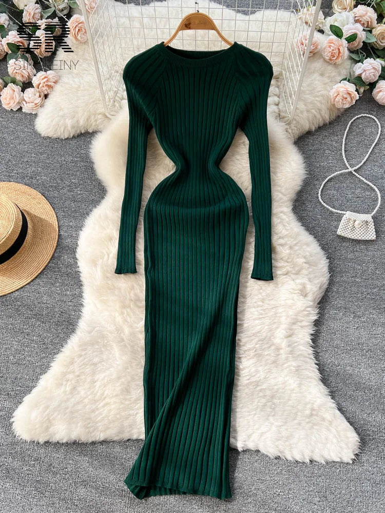 SINGREINY Winter Women Knit Maxi Dress O Neck Autumn Long Sleeve Slim Solid Harajuku Ladies Fashion Pencil Sweater Long Dresses - Seprincess