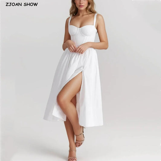 2024 Sexy Bra Chest With Wire Corset Style Low Waist Spliced Ruched Pleated Swing Long Midi Dress Women Bodycon Sling Robe White - Seprincess