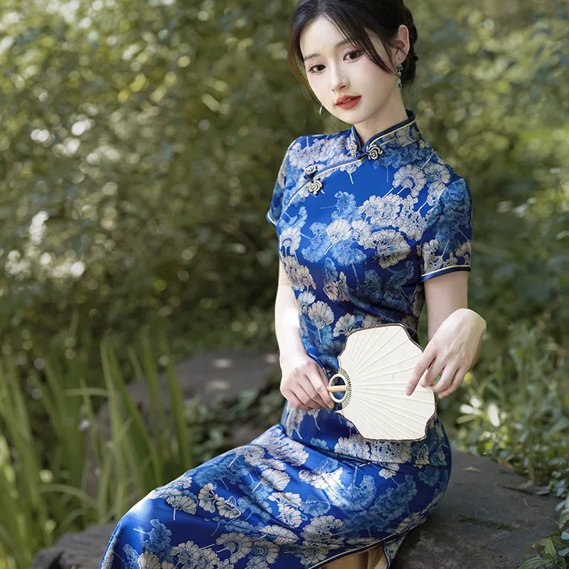 Summer Handmade Printed Satin Long Qipao Traditional Chinese Mandarin Collar Short Sleeve Cheongsam - Seprincess