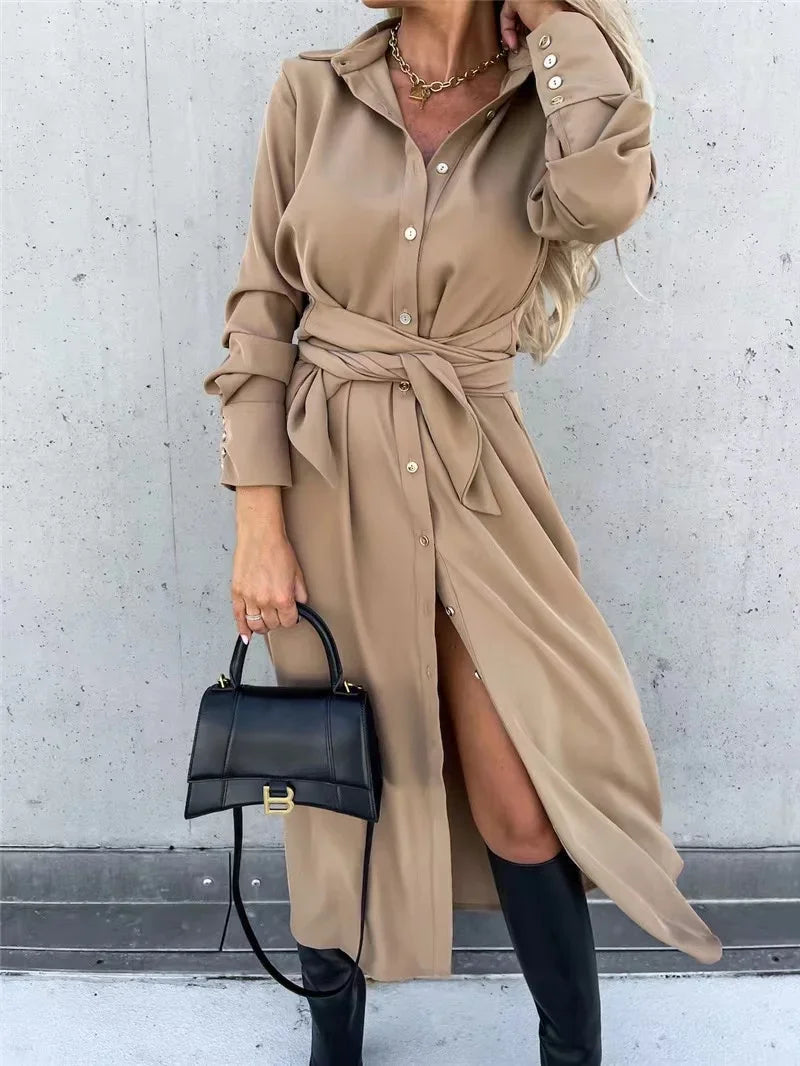 2024 Solid Long Sleeve Shirt Dress Women Lace up Single Breasted Beach Maxi Party Dresses Turn-down Collar Split Sash Vestidos - Seprincess