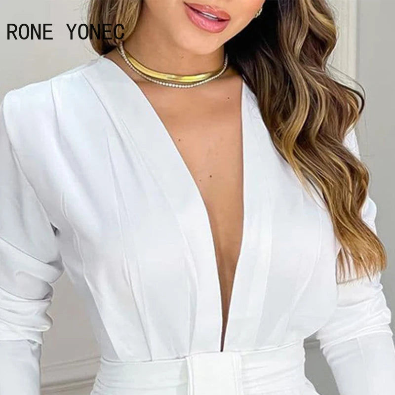 Women Chic Elegant Long Sleeves Deep V Neck Mini A Line Ruffles Formal Party & Working White Dresses - Seprincess