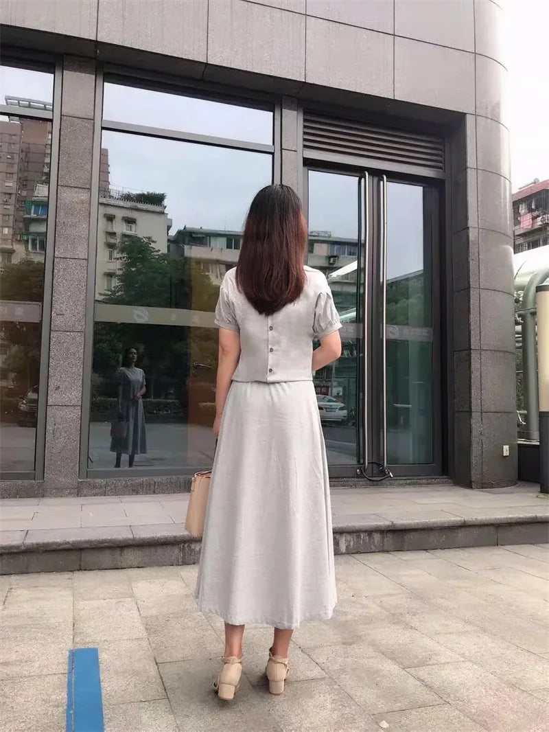 Cotton Linen Skirt Two-Piece Women's Summer 2024 New Set Slim Skirts Sleeve Suit Skirts Fashion 2PCS Temperament Female Outfit - Seprincess