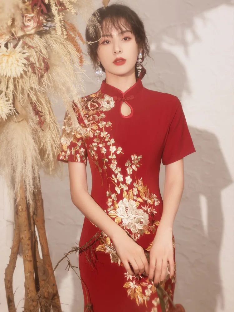 Chinese Bride Wedding Dress Qipao Retro Classic Embroidery Applique Evening Party Dress Cheongsam Sexy Mermaid Split Vestidos - Seprincess