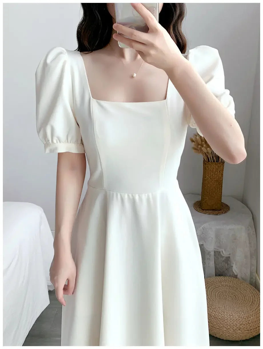 Slim Fit Women White Dress Bubble Sleeve Square Neck Light Wind Style Long Skirt Summer Casual Korean Style - Seprincess