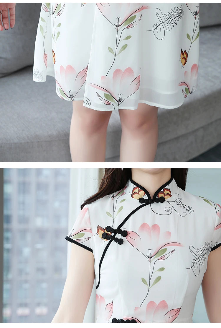 2023 Summer New Modern Improved Cheongsam Chiffon Printing Vintage Traditional Chinese Style Slim Qipao Dress - Seprincess