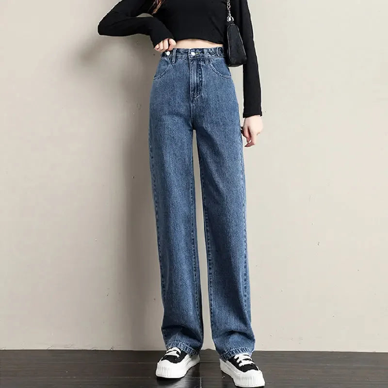 Multi-Button Wide-Leg Women's Jeans New Style Adjustable High-Waisted Straight-Leg Long Pants Loose Fit Niche Style