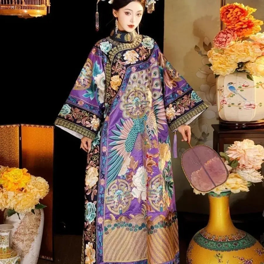 Chinese Traditional Dress Women Qing Dynasty Pink Peacock Print Large Sleeves Stand Up Collar Cheongsam Vestido Medieval Mujer - Seprincess