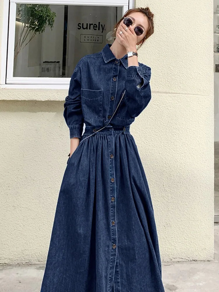 Cowboy Long Skirt Fashionable Trend Long Ankle Thin A-line Dress High Waisted Stylish Slimming Long Sleeved Casual Button Skirt - Seprincess