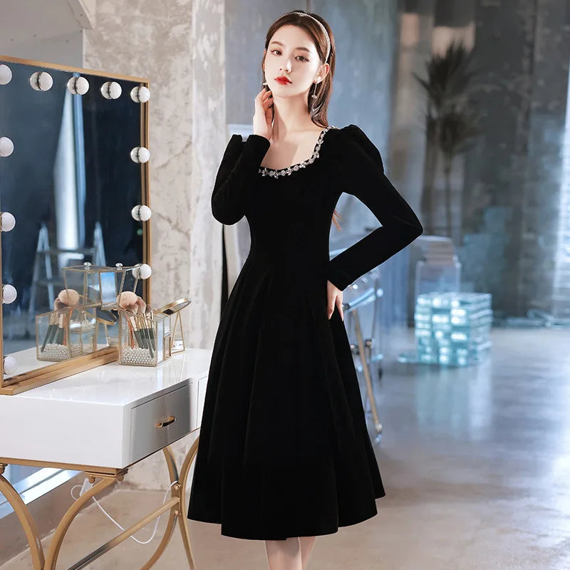 Black Evening Dresses Long Sleeve Square Collar Elegant Velvet Dress Beading Crystal Formal Gowns 2023 New Vestido - Seprincess