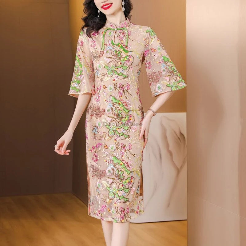 2024 new chinese improved elegant cheongsam woman summer national style gauze retro slimming embroidered half sleeve qipao dress - Seprincess