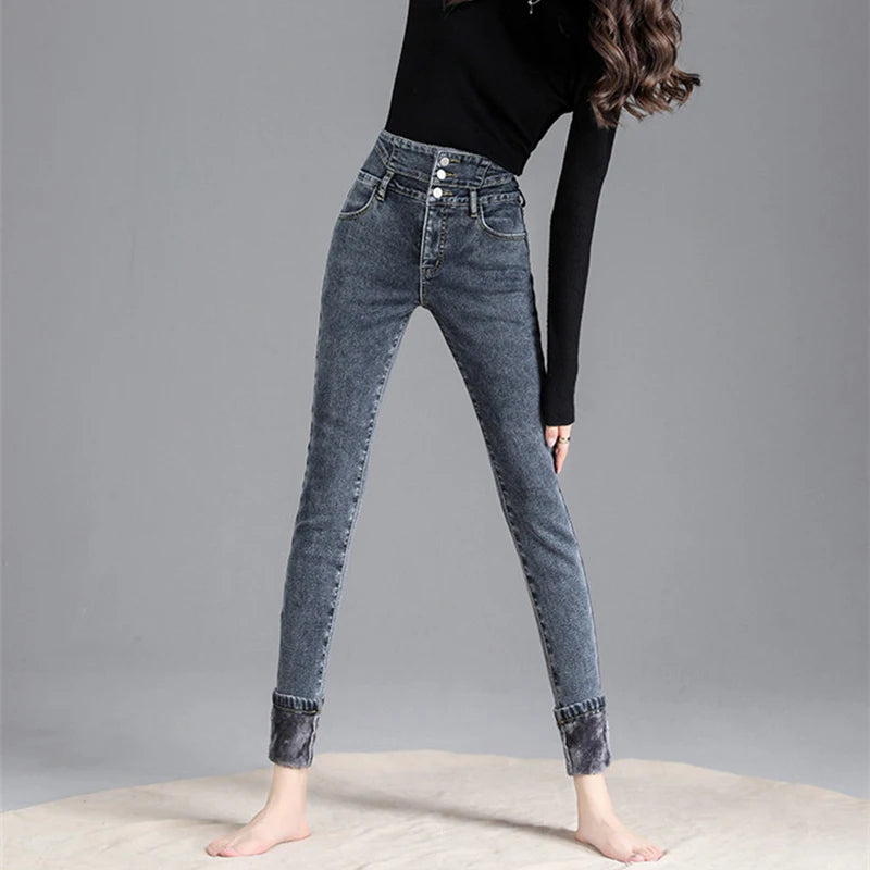 Winter Women Thick Velvet High Waist Skinny Jeans Simple Warm Fleece Slim Fit Stretch Trousers Casual Ladies Denim Pencil Pants