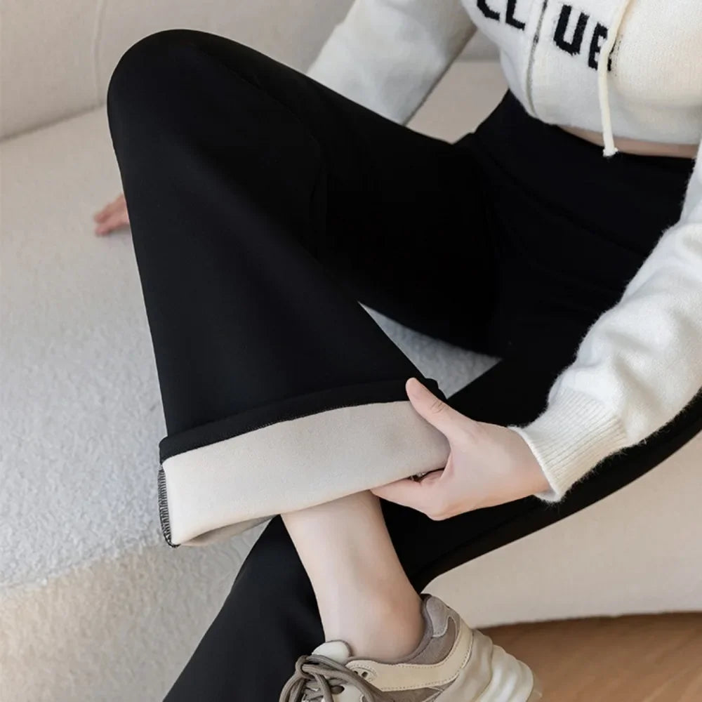 Autumn Winter Velvet Pants Women Fashion High Waist Flare Pant Black Casual Basic Seamless Trousers Warm Thick Leggings 2024