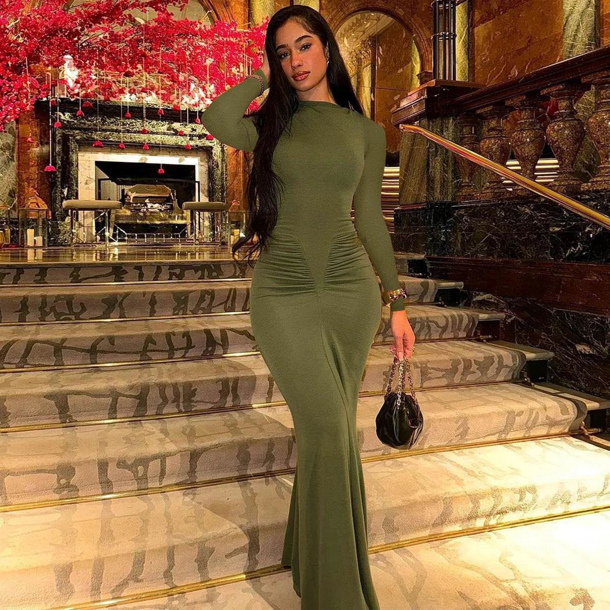 Hugcitar 2024 Autumn Solid Long Sleeve Draped Sexy Bodycon Maxi Prom Dress Women Fashion Y2K Outfits Evening Party Festival - Seprincess