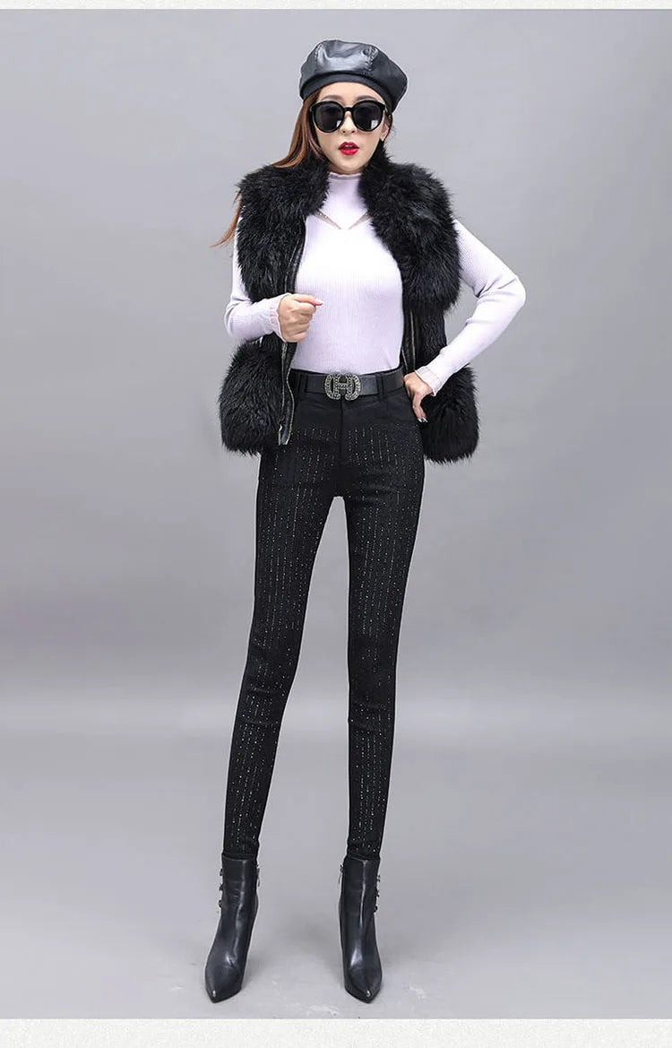 Rhinestone Black Denim Pencil Pants Women's Jeans Autumn New European Elastic Slim Fit High Waisted Strech Jean Pants for Women