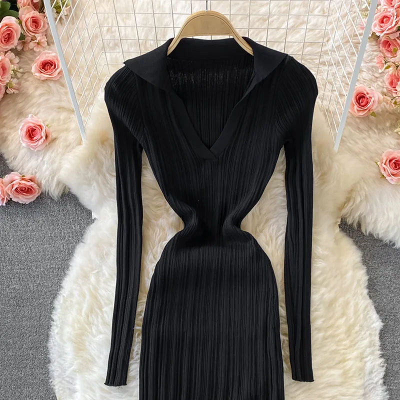 Women Korean Knitted Dress Long Sleeve V Neck Elastic Slim Pencil Dresses 2024 Autumn Sexy Bodycon Split Sweater Dress