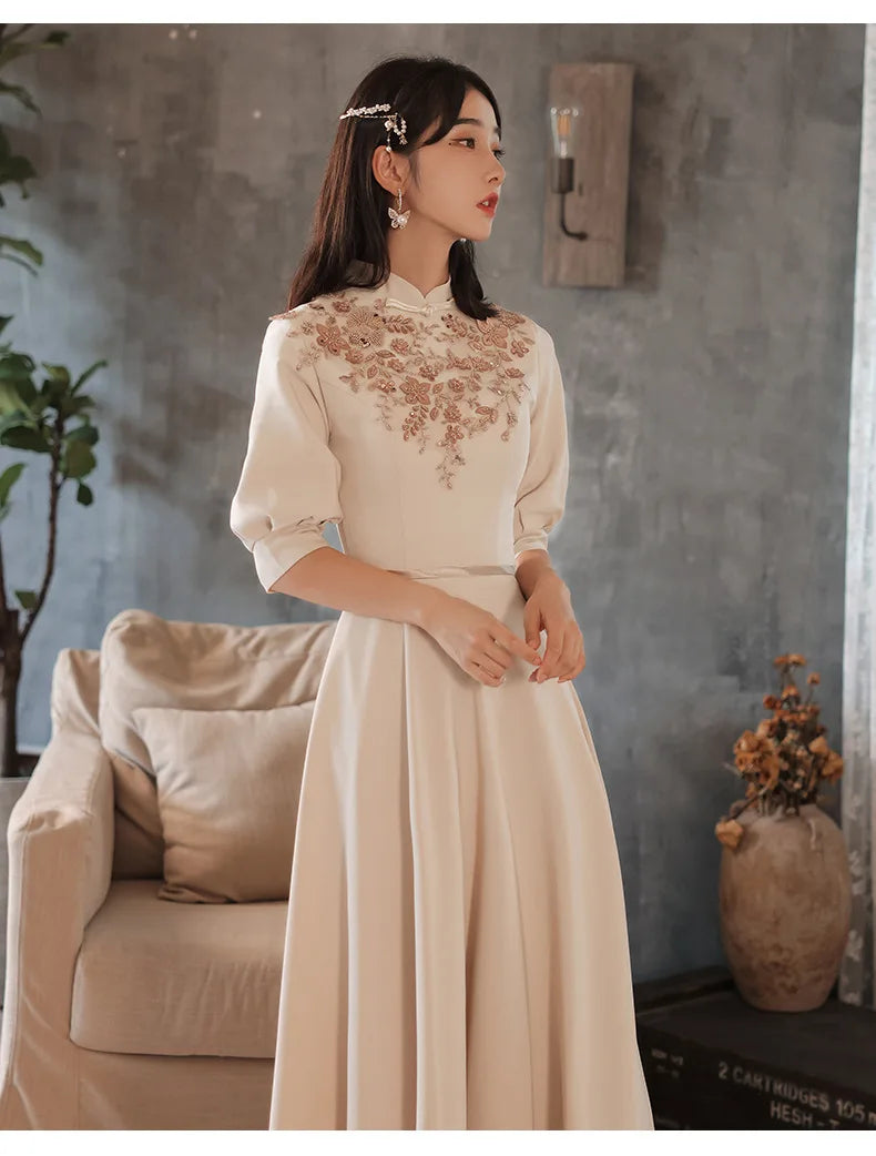 Slim A-line Mandarin Collar Qipao Female Chinese Styles Bridesmaid Dress Appliques Flower Pearl Cheongsam Party Prom Gown - Seprincess