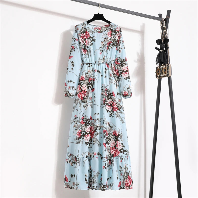 Spring Summer Women Maxi Dresses Office Lady Long Sleeve Floral Printed O-neck Woman Bohe Beach Party Long Dress Mujer Vestidos - Seprincess