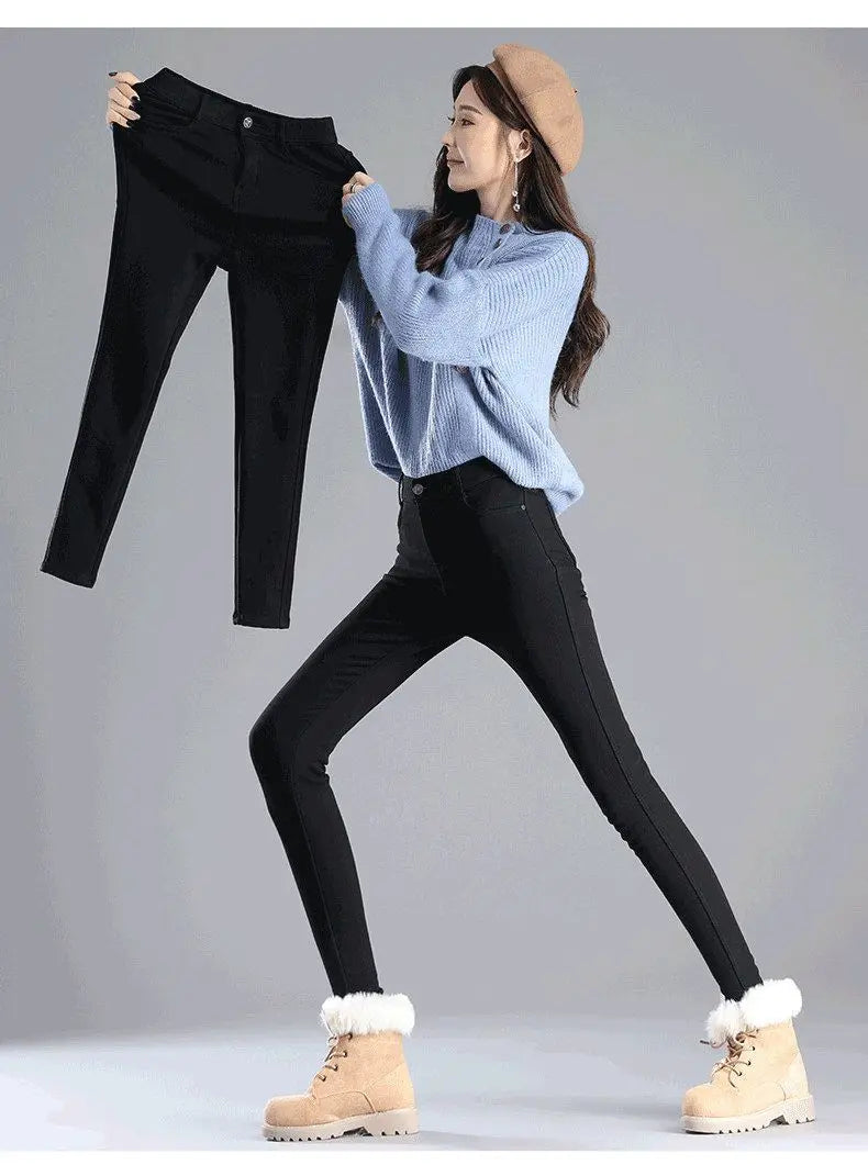 Korean Casual Autumn Winter New Women Solid Pockets Button Elastic High Waist Fashion Casual Slim Straight Leggings Pencil Pants