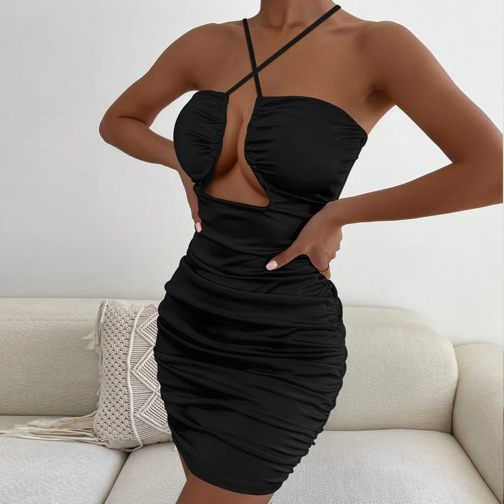 Fairyshely Sexy Ruffle Short Club Dress Lady 2024 Summer Black Halter Bodycon Dresses For Women Tight Evening Party Mini Dress - Seprincess