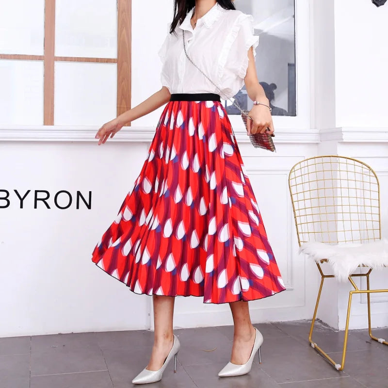 2024 Summer Women Cartoon Print Pleated Skirts A Line High Waisted Elastic Midi Long Skirt Ladies Party Korean Style Dresses - Seprincess