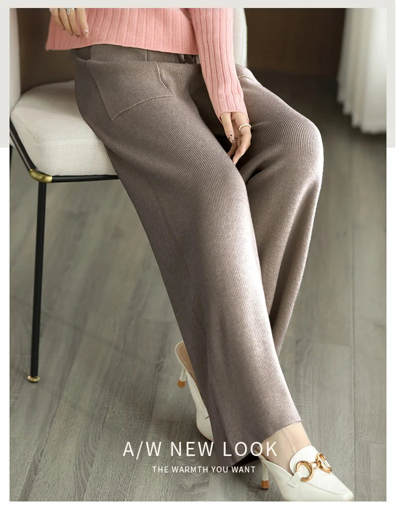 Women's Merino Wool Knitted Pants Office Lady Simple High Waist Straights Trousers Cashmere Wool Autumn Winter Thick Knitwear