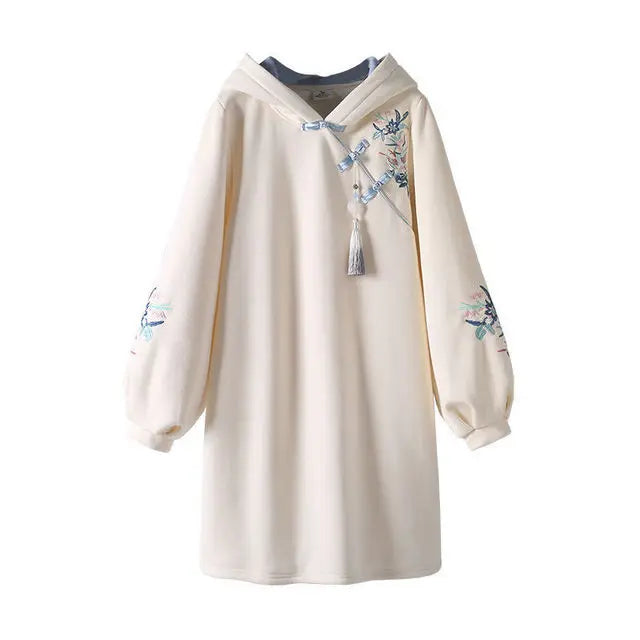 NEW Winter Plus Size Dress Women's Chinese Traditional Style Hanfu Cheongsam Embroidered Tang Suit Hooded Sweatshirt Vestidos