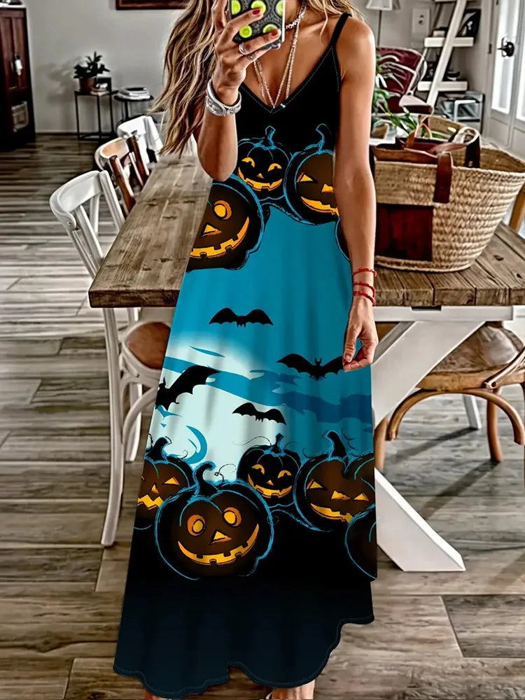 Halloween Horror Pumpkin Atmosphere Print Sexy Strap V-Neck Dress Summer Festival Party Sleeveless Dinner Long Evening Dress - Seprincess