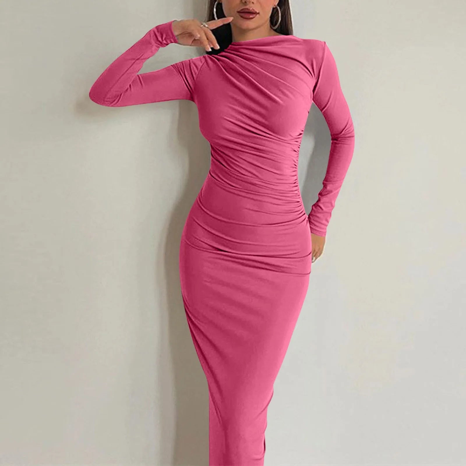 Women Bodycon Maxi Dresses Fall New Long Sleeve Sexy Ruched Neck Slim Fit Cocktail Party Dress Elegant Gentle Temperament Dress - Seprincess