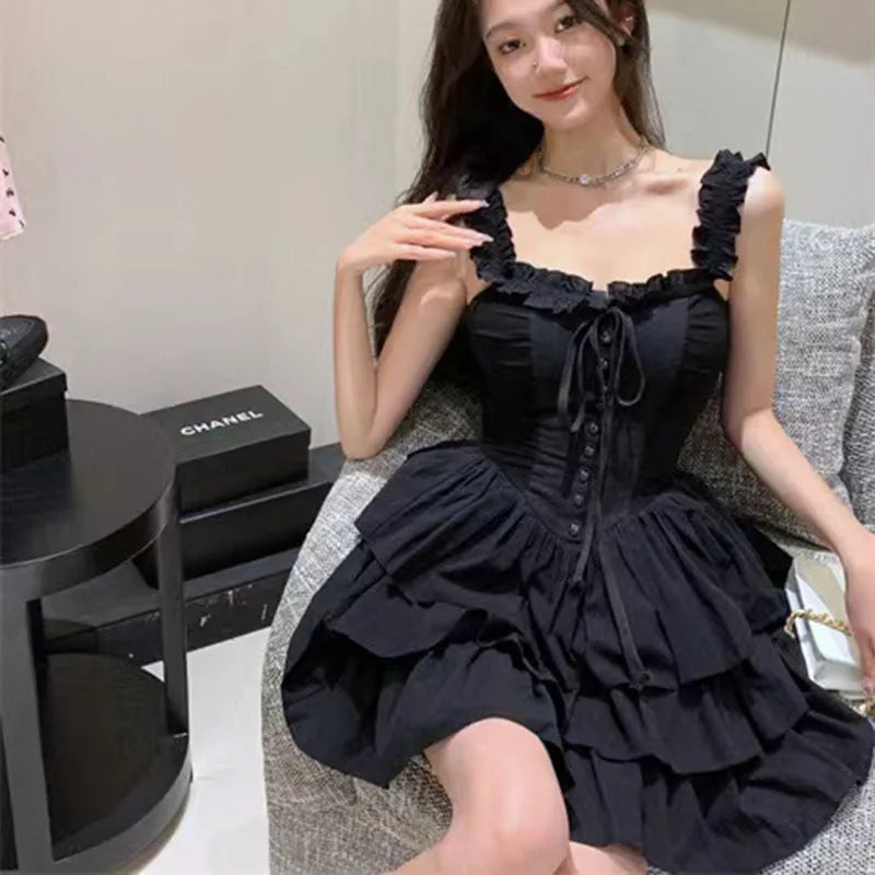 Gothic Black Sexy Slip Dress Y2K Harajuku Streetwear Punk Lace Up Cake Dress Female Summer Korean Fashion Party Ruffles Dresses - Seprincess