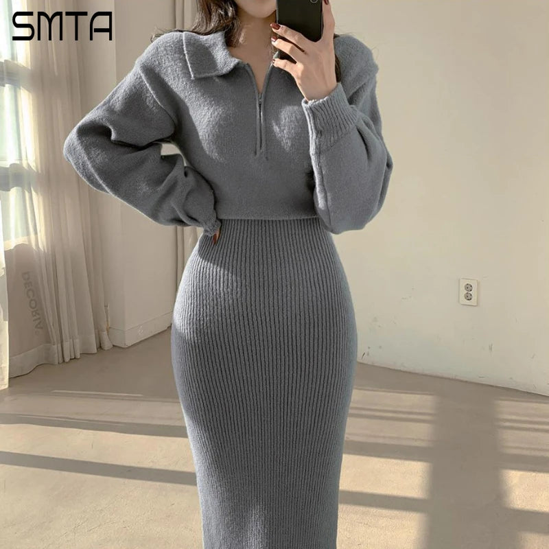 Vintage Long Sleeve V-neck Knitted Sweater Midi Dresses for Women Zipper Lapel Elegant Warm Bodycon Dresses Autumn Winter 2024 - Seprincess