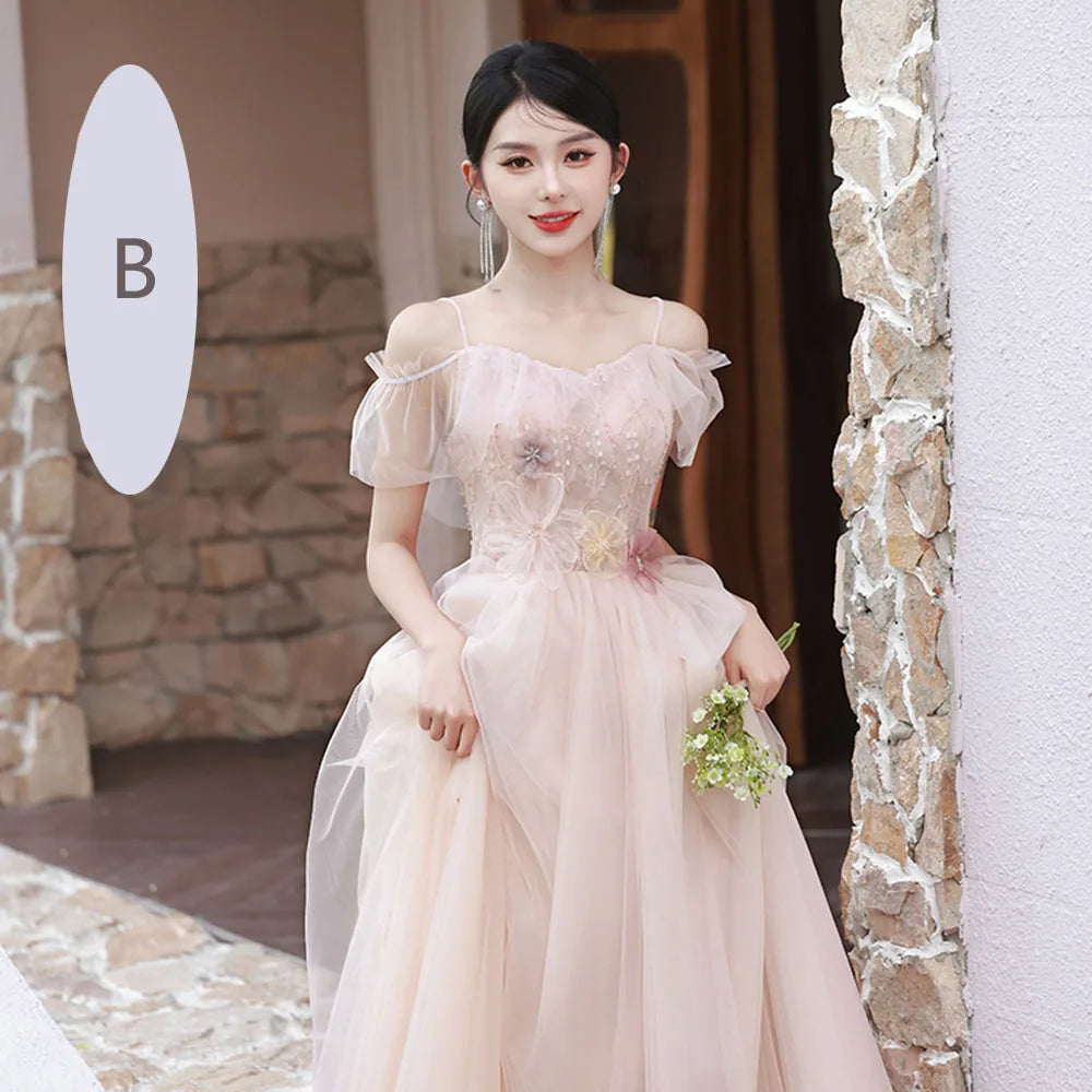 4 Styles Pink Bridesmaid Dress Women's Elegant Thin Tulle Off The Shoulder Flower Appliques A-line Wedding Party Guest Vestido - Seprincess