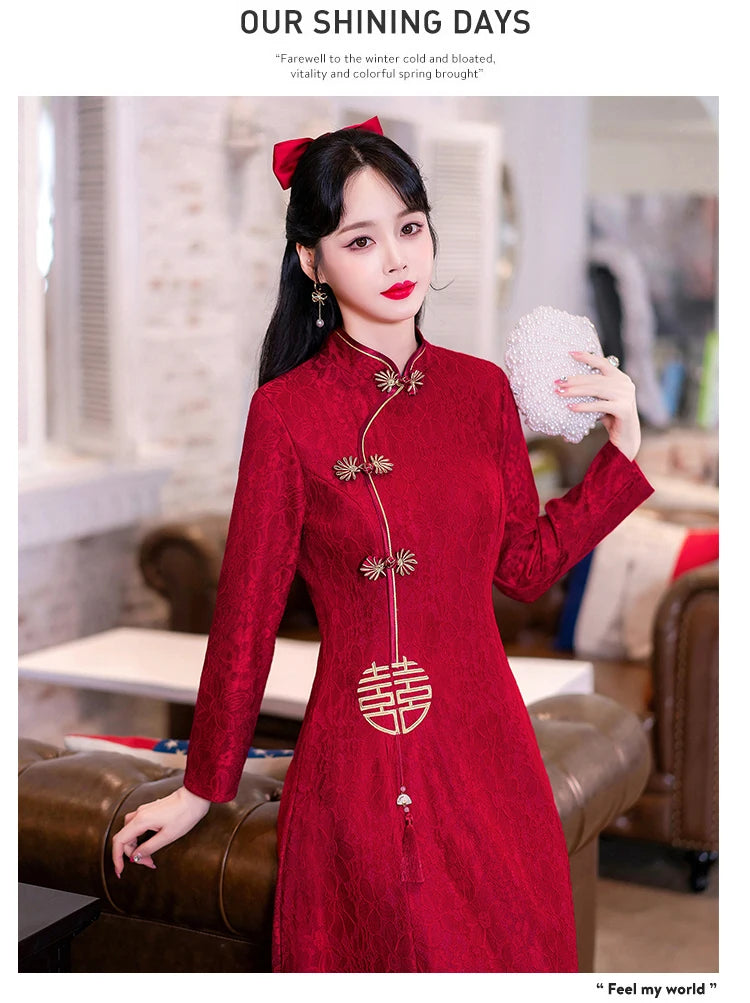 Retro Chinese Traditional Red Wedding Qipao Dress Modern Improved Long Sleeve Embroidered Cheongsam Plus Size Women Clothing CNY - Seprincess