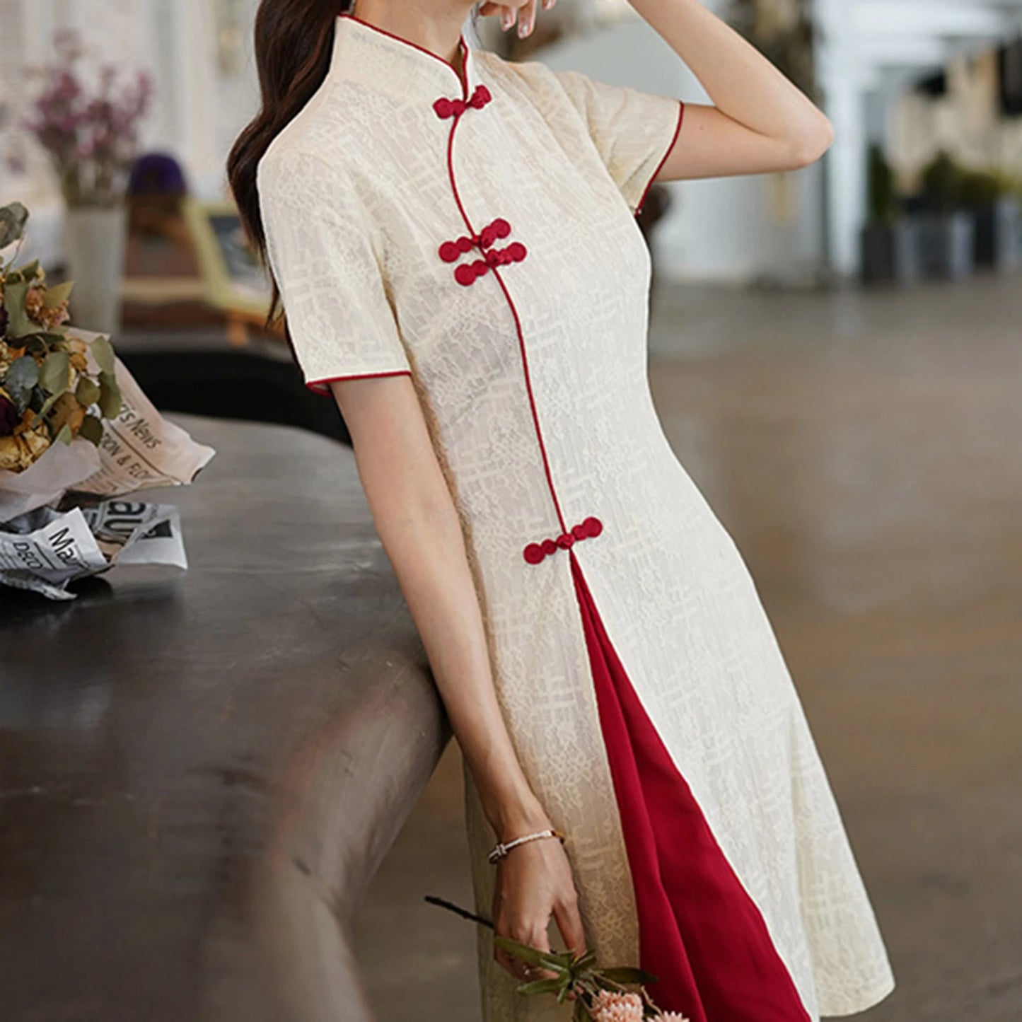 Summer Cheongsam Dress Stand Collar Chinese Style Short Modified Cheongsam for Chinese New Year Festival - Seprincess