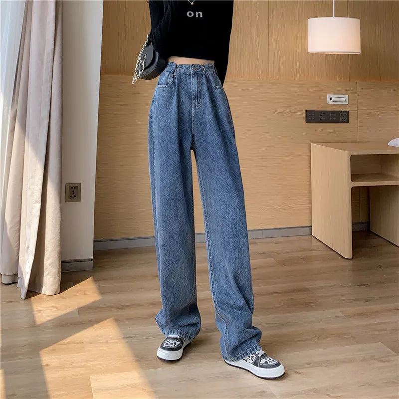 Spring Autumn High Street Network Red Denim Pants Female Y2k Korean Version High Waist Loose Leg Straight Leg Mopping Pants Tide