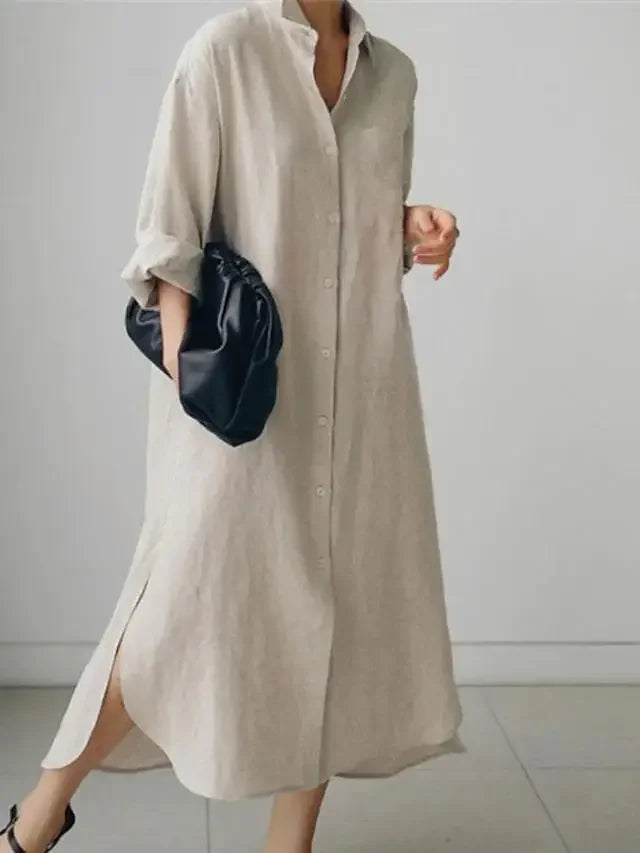 Summer Fashion New Women's Cotton Linen Dress Shirt Elegant Loose Irregular Cardigan Single Breasted Fashion Long Sleeved Dress - Seprincess