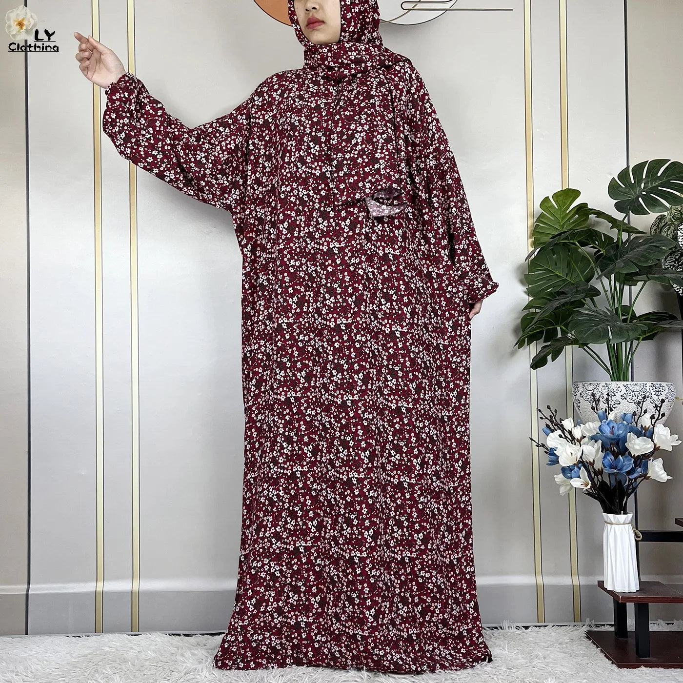 2024Latest Muslim Abayas For Women Ramadan Prayer Maxi Dubai Turkey Femme Cotton Robe Floral Loose African Dress Turban Attached