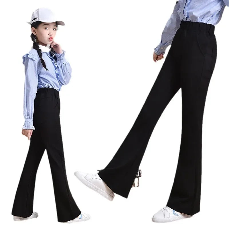 Fashionable Black Bell-bottom Kids Pants For Girls Spring/autumn Outerwear Style Children's Trousers Stylish Children's Pants