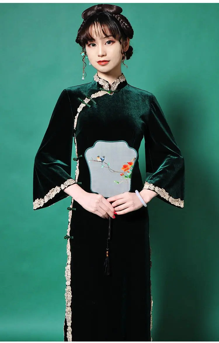 Cheongsam Chinese Traditional Dress Solud Color New Autumn Winter Long Temperament Flare Sleeve Velvet Improved Green Qipao 2024 - Seprincess