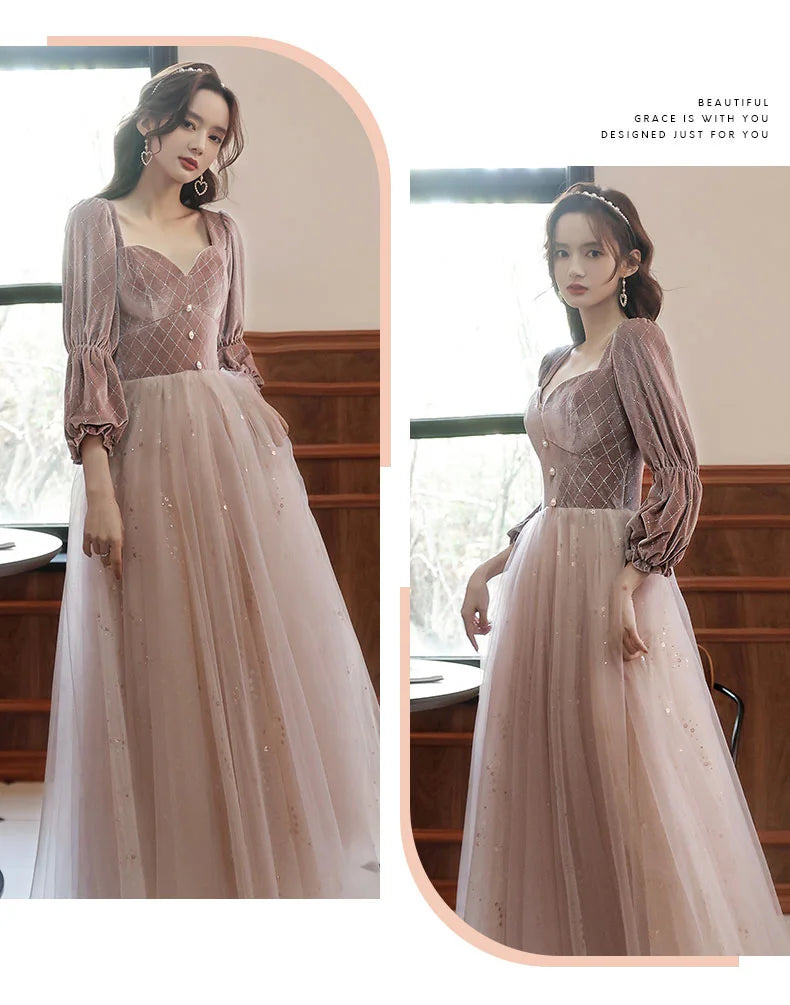 2022 New 4 Styles Bridesmaid Dress Bow Retro Elegant Long-sleeved Chic Temperament Long Evening Dress For Wedding Women Guest