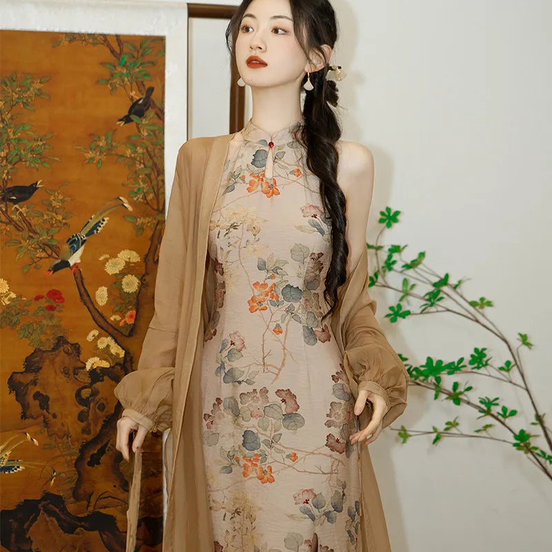 Summer Women Sleeveless Sexy Split Qipao Elegant Print Flower Chinese Dress Retro Traditional Oriental Clothing Cheongsam - Seprincess