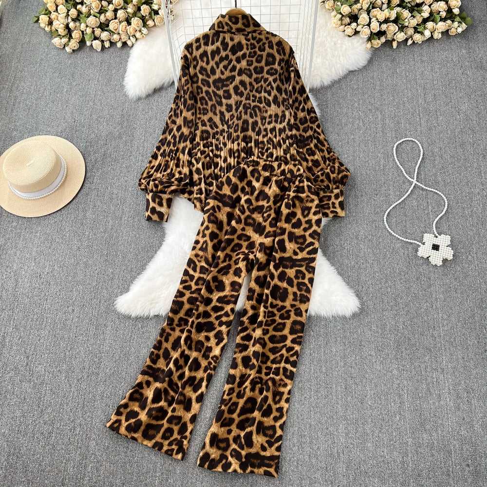 Autumn Elegant Women 2 Pieces Set Leopard Print Long Sleeve Shirts Casual Loose Pantalon Outfits New Fashion Vintage Sweatsuit - Seprincess