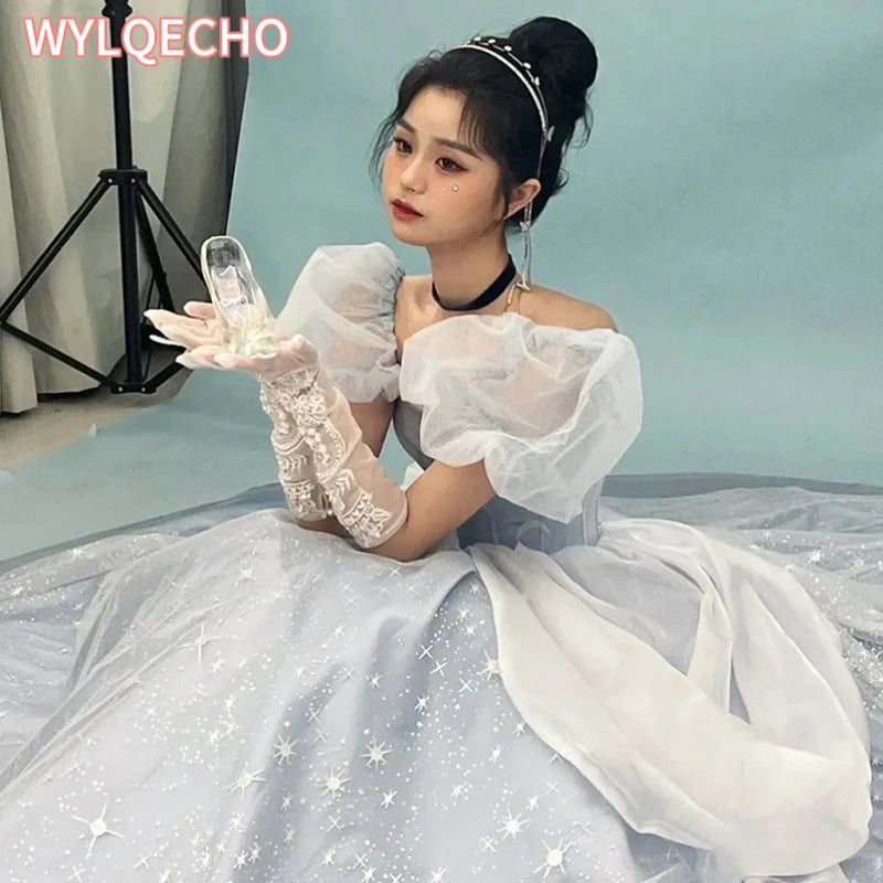 Blue Prom Dress Engagement Jacquard Dress France Vintage Sweet Korean Princess Fairy Dress Evening Party Dress - Seprincess