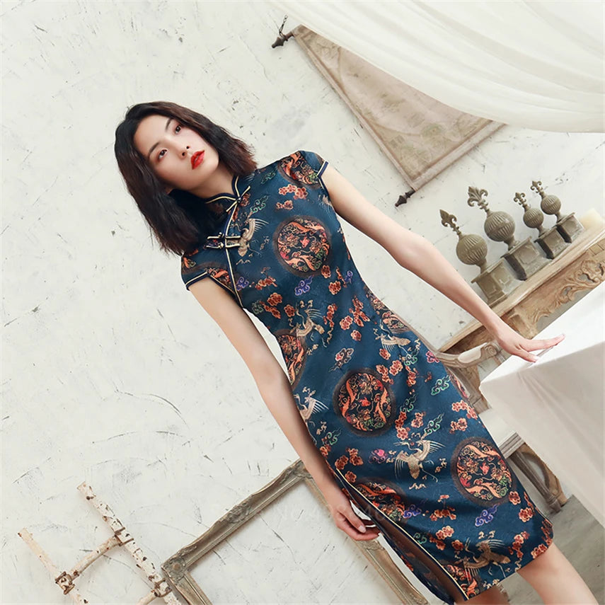 Chinese Traditional Dress Cheongsam  Women Girls Party Wedding Fashion Vintage Retro Crane Floral Print Satin Short Dress - Seprincess