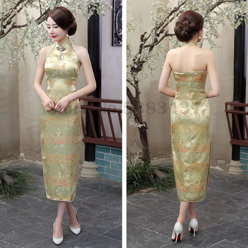 Plus Size 3XL Qipao Sexy Backless Sleeveless Cheongsam Retro Classic Brocade Chinese Vestidos Traditional Printed Flower Dress - Seprincess