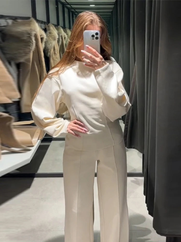 Elegant Women Solid Two Piece Sets Fashion O-Neck Long Sleeve Waist Up Tops Wide Leg Pants Outfits 2024 Casual New Streetwear - Seprincess