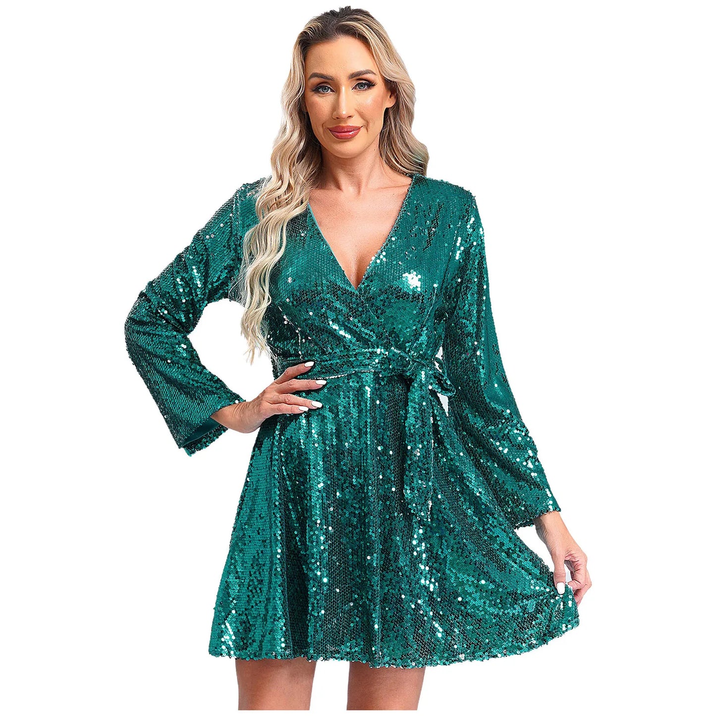 Women's Dress Fashion Clubbing Prom Vestidos V Neck Loose Sequin Dresses Long Sleeve Gown for Cocktail Party Prom Evening Robe - Seprincess