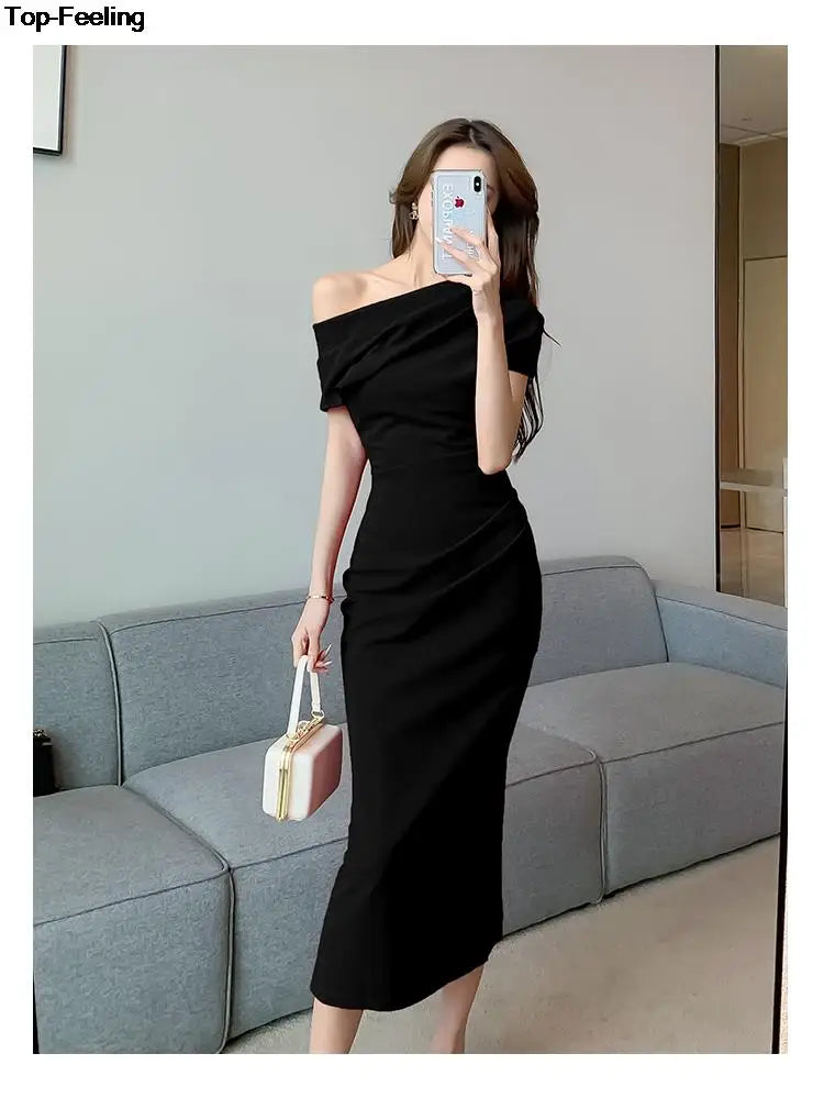 Elegant Off Shoulder Evening Party Dresses Women Summer Fashion Slim One Piece Solid Vestidos Korean Graduation Robe Clothing - Seprincess